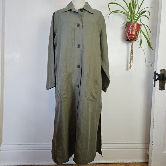 Linen Long‎ Trench Jacket M Olive Green Button Front Lagenlook - Picture 1 of 10